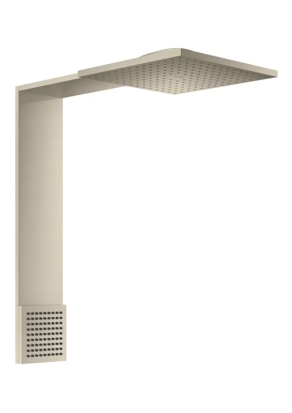 AXOR Brausenmodul mit quadratischer Kopfbrause und seitlichem Auslass. Die Oberfläche ist in gebürstetem Nickel gehalten.